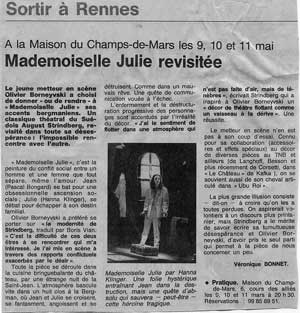 Article de Ouest france pour Mademoiselle Julie